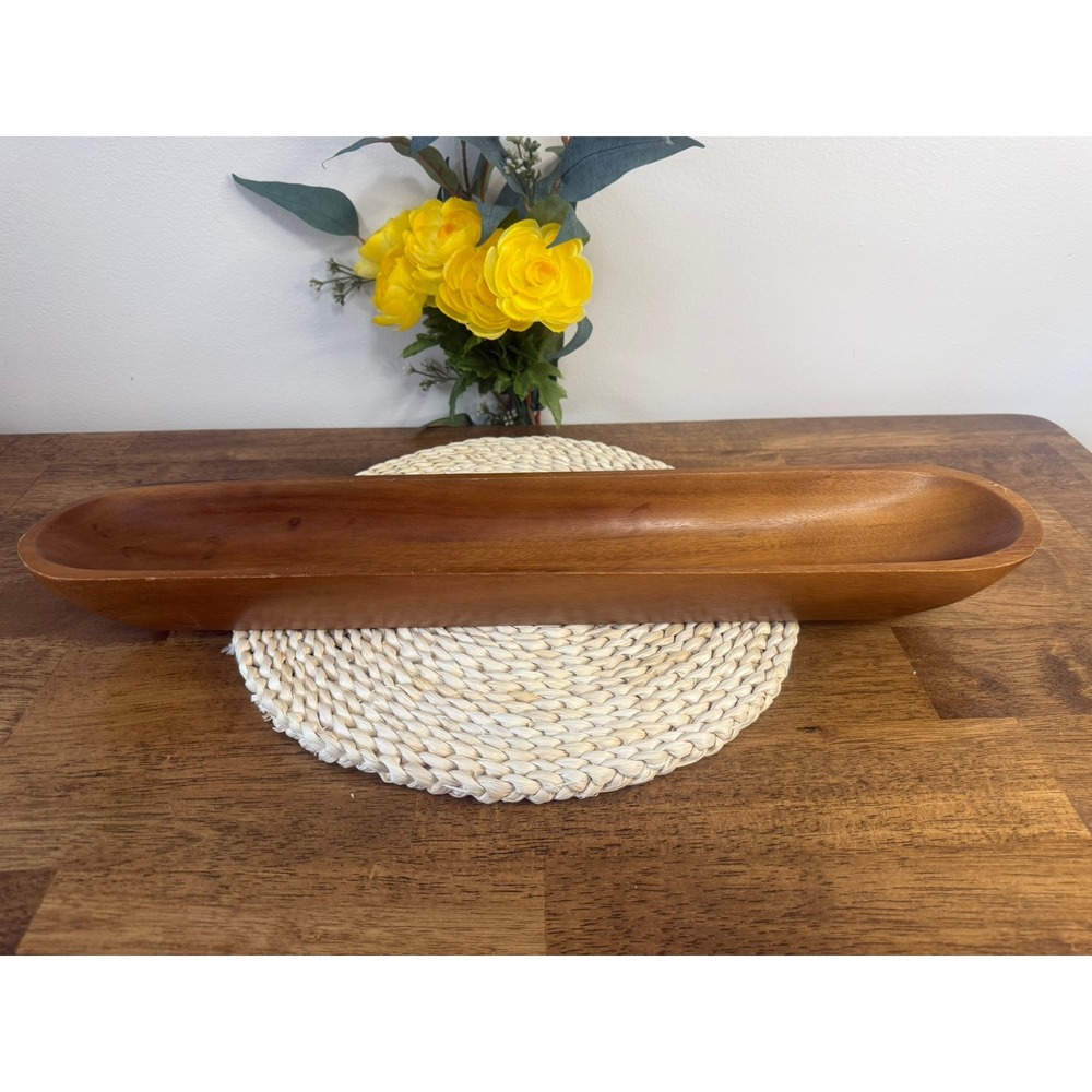 Vintage Monkey Pod Wood Long Serving Tray MCM Trough Dish Hand Carved Platter‎